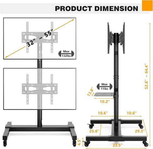 5RCOM ROLLING/Mobile TV CART مع عجلات من 32 إلى 55 بوصة LCD LED 4K شاشة منحنية مسطحة شاشة عمودية شاشة قابلة للتعديل شاشة قابلة للتعديل مع 2 أجهزة تلفزيون مع رف الكمبيوتر المحمول يحمل ما يصل إلى 132 رطلا in Kuwait