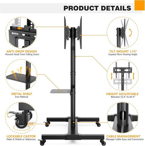 5RCOM ROLLING/Mobile TV CART مع عجلات من 32 إلى 55 بوصة LCD LED 4K شاشة منحنية مسطحة شاشة عمودية شاشة قابلة للتعديل شاشة قابلة للتعديل مع 2 أجهزة تلفزيون مع رف الكمبيوتر المحمول يحمل ما يصل إلى 132 رطلا in Kuwait