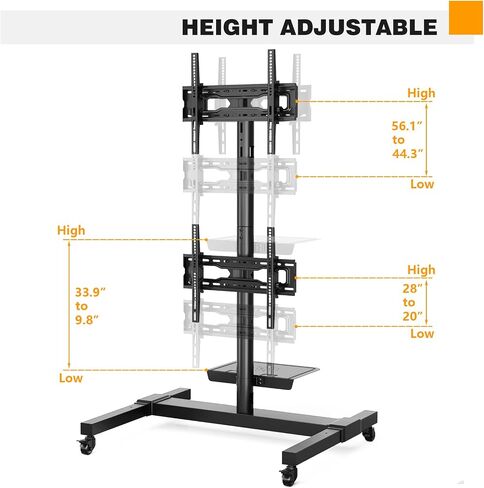 5RCOM ROLLING/Mobile TV CART مع عجلات من 32 إلى 55 بوصة LCD LED 4K شاشة منحنية مسطحة شاشة عمودية شاشة قابلة للتعديل شاشة قابلة للتعديل مع 2 أجهزة تلفزيون مع رف الكمبيوتر المحمول يحمل ما يصل إلى 132 رطلا in Kuwait
