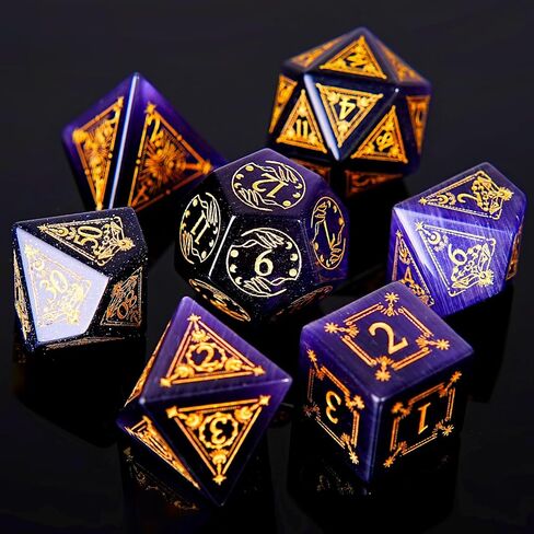 Purple Cat's Eye Crystal DND Dice Set 7 PCS Gemstone Suitable for Dungeons and Dragons D & D RPG Games in Kuwait