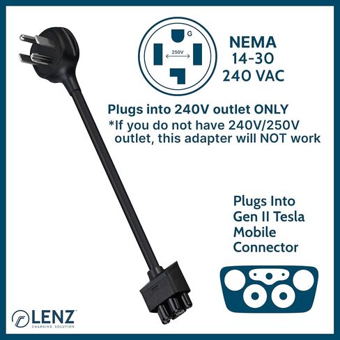 NEMA 10-30 Adapter for Tesla Gen 2 Mobile Portable Charger, Connect Tesla Mobile Charger to NEMA 10-30 240V Outlet at 24 Amp (10-30 Length 15.5") in Kuwait