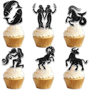 18pc Black Glitter Constellation Sign Dessert Cupcake Topper Pick for Horoscope Astrology Theme Decorations Men Women Happy Birthday Party Decor Supplies