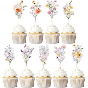 81 Pcs Wildflower Cupcake Toppers Birthday Party Decorations Floral Cake Topper Baby in Bloom Baby Shower Cake Decor for Girls Birthday Wedding Party, 9 Style