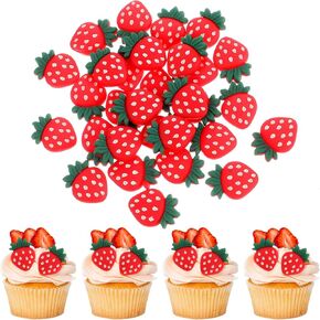 Strawberry Cupcake Toppers for First Birthday Cake Decorations Supplies for Baby Shower, 30pcs Resin Strawberry Theme Party, Kids Birthday Party, Sweet Fruit Dessert Tower, 0.87 × 0.61 Inches