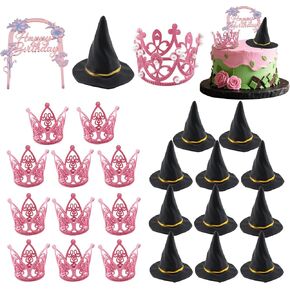 25 Pcs Witch Hat and Crown Cake Topper, Black Mini Witch Hats Pink Pearl Crown Decorations, Wicked Theme Party Favors, for Princess Birthday Royal Themed Bridal Wedding Baby Shower Party Supplies