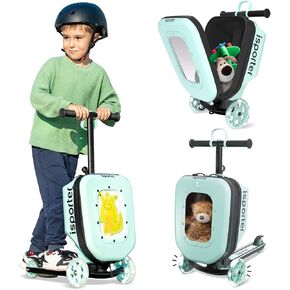 iSporter Luggage Scooters for Kids 2-5 or 3-5, Toddler Scooter with Suitcase for Boys & Girls, Foldable & Height Adjustable, 110lbs Max