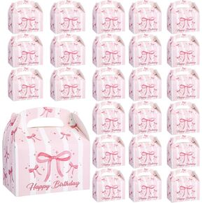 Neptniopllab 24 Pieces Pink Bow Treat Boxes Pretty BowKnot Candy Goodie Boxes Coquette Bow Party Favors Goodie Gift Boxes with Handles, Ideal for Bachelorette Birthday Party Decration Supplies (24)