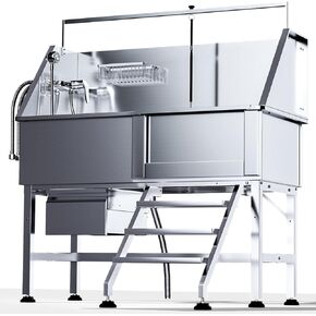 46" Professional Dog Washing Station, Heavy Duty Stainless Steel Dog Grooming Station Dog Bathtub for Large & Medium Dog, Dog Grooming Tub with Storage Drawer, Non-Slip Stair (Right Stair, 46")