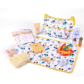 BABESIDE 12 Pcs Baby Doll Diaper Bag Set with Magic Bottles, Includes Carry Bag, Doll Diapers, Baby Doll Feeding and Care Set with Disappearing Milk