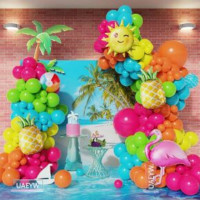144Pcs Tropical Luau Balloon Arch Garland Kit Pineapple Flamingo Sun Beach Ball Foil Balloons for Summer Pool Beach Hawaiian Aloha Birthday Baby Shower Party Decorations