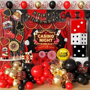 Casino Theme Party Decoration Las Vegas Birthday Party Dino Casino Night Poker Party Supplies Set for Adults Include Balloon Garland Kit, Casino Backdrop, Cake Toppers, Gold Curtain and Foil Balloons