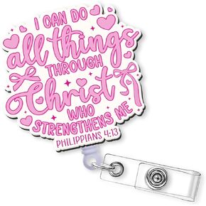 Bible Verse Badge Reel Retractable - I Can Do All Things Through Christ ID Badge Holder with Acrylic Alligator Clip for Nurse Nursing Medical Student Teacher Hospital Worker Office Card Reels Gifts