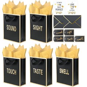 Gold Foil 5 Senses Gift Bags for Him Her with Labels Envelopes and Cards, Sight Smell Touch Taste Sound Gift Bags with Tissue Handle for Birthday, Anniversary, Mother's Day, Valentine's Day(9x7x3.15inch)