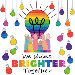 Tevxj Light Bulb Bulletin Board Set Decorations Rainbow Cutouts Colorful Light Bulb Wall Decals Rainbow We Shine Brighter Together Paper-Cuts for Birthday Party Nursery Classroom Decor