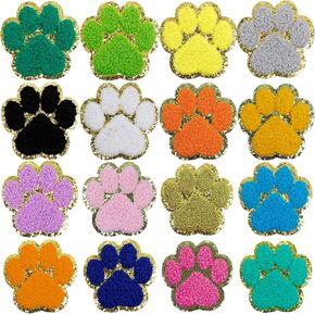 16pcs 2.5" Paw Print Chenille Patches Gold Edges Chenille Patches Iron On Patch Cat Dog Pet Paw Patch Trimmed Embroidered Patches Sew On Patch for DIY Hats Bags Jackets Clothing Repair Decor