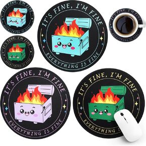 6 Pcs Dumpster on Fire Mouse Pad with Cup Coasters Cute Non-Slip Rubber Round Mouse Pads with Stitched Edge for Home Office Gifts Working Studying Laptop Gaming, 8.6 x 8.6 Inch