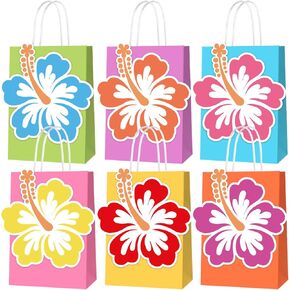 KERINGO 24 PCS Hibiscus Party Gift Bags Hawaiian Themed Paper with Handles Tropical Party Favors Gift Summer Beach Tiki Luau Treat Goodie Bags Hawaii Birthday Supplies