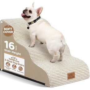 Dog Stairs for Small Dogs, Curved Pet Steps for Old/Injured Dogs Cats Climbing Bed, Chair or Couch, Premium Foam Non-Slip Ramp for Indoor Pets (Beige, 23" D x 15.7" W x 16" H, 3)