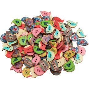 Comimark 200 pcs Wooden Buttons, Animal Sparrow Printed Buttons, Handmade DIY Colorful Mixed Wooden Buttons