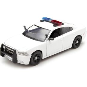 Motormax 2011 Dodge Charger Pursuit Police Car White with Flashing Light Bar, Front and Rear Lights and 2 Sounds 1/24 Diecast Model Car