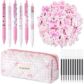 Thenshop Coquette Pink Bow Pen Set 6 Cute Bow Retractable Ballpoint Pens with 10 Pen Refills Aesthetic Pencil Case Pouch 45 Bow Ribbon Stickers for Pink Party Favors Office Supplies Birthday Gift