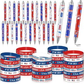 72 Pcs 4th of July Party Favors Patriotic Bracelets Pens Bulk Patriotic USA American Flag Rubber Wristbands Ballpoint Pens for Fourth of July Independence Day Gifts Office Home Supplies