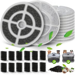 12 Pack 18CM Large Size Activated Carbon Filters Compaitble with SIBAYS 2.5Gal/9.5L Dog Water Fountain, 7" Replacement Filter for Kastty 9L Large Dog Water Fountains, with 12 PCS Sponges