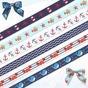 Summer Ocean Ribbon Anchor Whale Crab Starfish Coastal Ribbon for Gift Wrapping DIY Crafts Beach Party Holiday Decoration Wreath Bows，Nautical Ribbons 6 Rolls 30 Yards