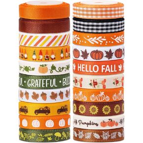 Fall Ribbons 3/8 Inch x 100 Yards (20 Rolls x 5Yards), Fall Grosgrain Ribbons for Gift Wrapping, Thanksgiving Pumpkin Ribbons for Crafts Bows Fall Harvest Decor