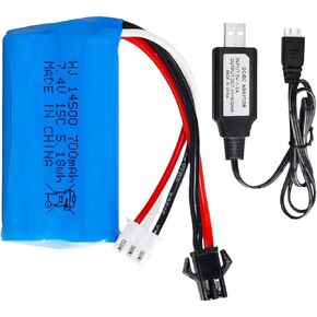 7.4V 700mAh 14500 Rechargeable Li-ion Battery Pack with SM-2P Joint and USB Charging Cable for Double Sided RC Stunt Car Small RC Boat Tumbling Amphibious RC Car RC Truck RC SUV high Speed car