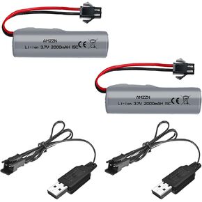 2PCS 3.7V 2000mAh Lipo Battery with USB Charging Cable SM-2P Plug for DE44 DE45 DE68 RC Cars, Remote Drift Vehicles, Trucks, Off-Road Vehicles, High-Speed Climbing Racing (2PCS Batery+2 USB)