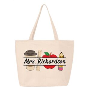 shop4ever Personalized Custom Teacher Name Coffee Apple Heavy Canvas Tote with Zipper Reusable Shopping Bag Customizable Gift