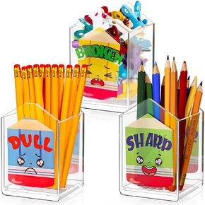 Sherr 3 Pack Clear Acrylic Pencil Shaped Holder 4in Tall Sharp & Dull & Broken Dispenser Buckets Pencil Storage Mini Organizer Holder with Stickers for Classroom Back to School Teachers Students