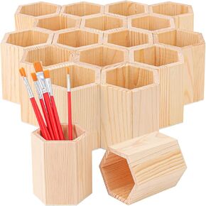 18 Pack Hexagon Unfinished Wooden Pencil Holder, 3 x 3 x 4 Inch Wood Pencil Cup Holder, Wood Crafts Pencil Cup for Desk, Office, DIY Project