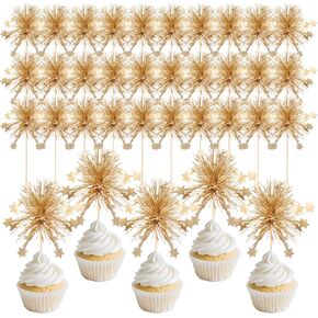 30PCS Foil Firework Cupcake Toppers Gold Sparkle Cake Decorations for Birthdays, Weddings, Graduation Parties – Non-Edible Food-Safe Toothpicks