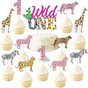 Two Wild Birthday Decorations for Girl - Two Wild Cake Topper, Animal Print Cupcake Toppers, 31 Pcs Jungle Safari Animal 2nd Birthday Party Cake Decorations