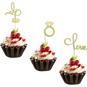 48 Pcs Gold Glitter Engagement Cupcake Toppers Diamond Ring Love I Do Cupcake Topper Picks Wedding Diamond Rings for Cupcakes for Wedding Bridal Shower Engagement Party Cake Toppers Decorations Supply