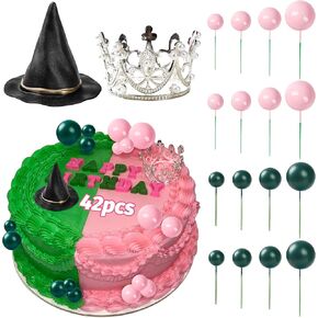 42pcs Witch Theme Cake Toppers – Pink & Green Balloons, Silver Crown and Black Witch Hat for Birthday, Halloween, Baby Shower, Bachelorette, and Princess Party Decorations