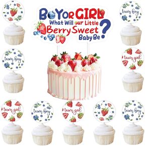 13Pcs Berry Sweet Gender Reveal Cake Toppers Blueberry Strawberry Baby Shower Cupcake Topper Boy or Girl What Will Our Berry Sweet Baby Be Cake Decoration for Team Girl Team Boy Gender Reveal Party
