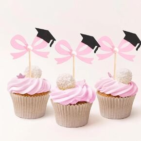 Pink Bow Graduation Cupcake Toppers - 12 PCS Class of 2025 Cupcake Toppers, Bow with Graduation Cap Cake Topper, Graduate Party Decorations Congrats Grad Cupcake Picks