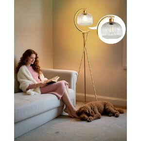 Lightdot Tripod Floor Lamp for Living Room, Gold Standing Lamp with Clear Glass Lampshade, Farmhouse Tall Lamp for Bedroom, Arced Reading Light for Home Office