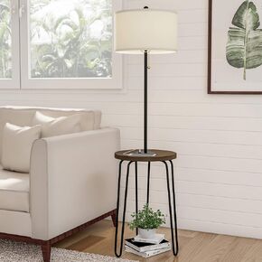 Floor Lamp with Table - Mid-Century Modern Nightstand or Side Table with USB Port and Hairpin Legs - Standing Light with Shelves by Lavish Home