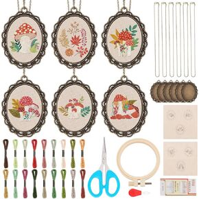 INFUNLY 6 Sets DIY Mushroom Necklace Embroidery Kit for Adult Beginner Embroidery Pendant Kit Mushroom Theme Embroidery Stitching Necklace Kit Cross Stitch Kits with Instructions for Women Gift