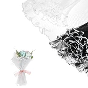 White Pearl Mesh Bouquet Wrapping Paper, Pearl Edge Flower Wrapping Mesh Paper, 144 Inches Translucent Bouquet Packaging for Weddings, Gifts, DIY Crafts (White, Black)