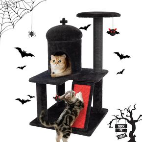 NUNU LAB Gothic Cat Tree, Gothic Cat Tower for Indoor Cats, Multi-Level Cat Cilmbing Tree with Scratching Posts, Coffin Cat Bed, Plush Platform (KM031)