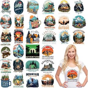 Camping Iron on Transfers for T-Shirts, 30 Pcs Adventure Camping DTF Transfers Ready to Press, Outdoor Iron on Patch Decals, Heat Vinyl for Canvas Bag Clothing DIY Craft