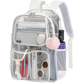 Clear Backpacks for Girls Women, Heavy Duty PVC Transparent School Bookbag See Through Back Pack for College Work Travel (White)