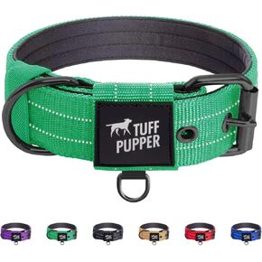 Tuff Pupper Heavy Duty Tactical Dog Collar | 1.5" Wide Ballistic Nylon | Reflective Stitching | Integrated ID Tag Holder | Stainless Steel Buckle | Padded Lining | Medium & Large Dogs (Black, Large)