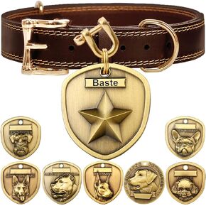 Genuine Leather Dog Collar+3D Embossed Pentagram Dog Tag Set（XL-XXL）