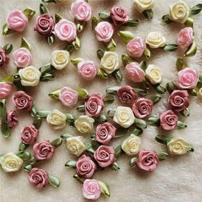 100pcs 15mm Multicoloured Mini Rose Flowers Satin Ribbon Bows Appliques DIY Sewing Craft Accessories Wedding Bride Gift Decoration